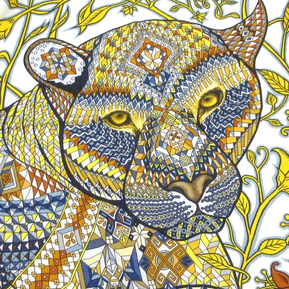 Auth HERMES Carrejean/Shawl Carre 140 H243919S Blanc Jaune D'or Brown Cashmere - - Picture 5 of 7